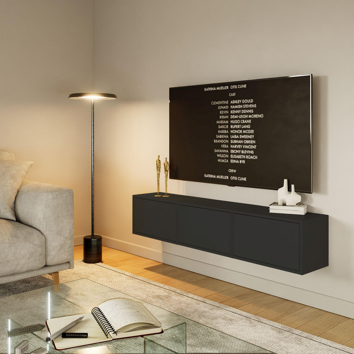 TV-LOWBOARD hängend, 3 Klappen, Schwarz, 150 cm - Schwarz, Holzwerkstoff (150.1/30/30cm) - Selsey