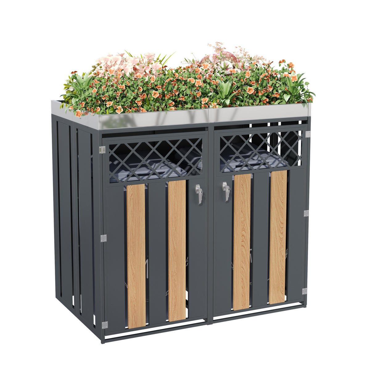 MÜLLTONNENBOX aus Stahl in Grau/Holzoptik mit Pflanzgefäß & Schloss - Grau, Metall (132/124.5/80cm) - Modfu