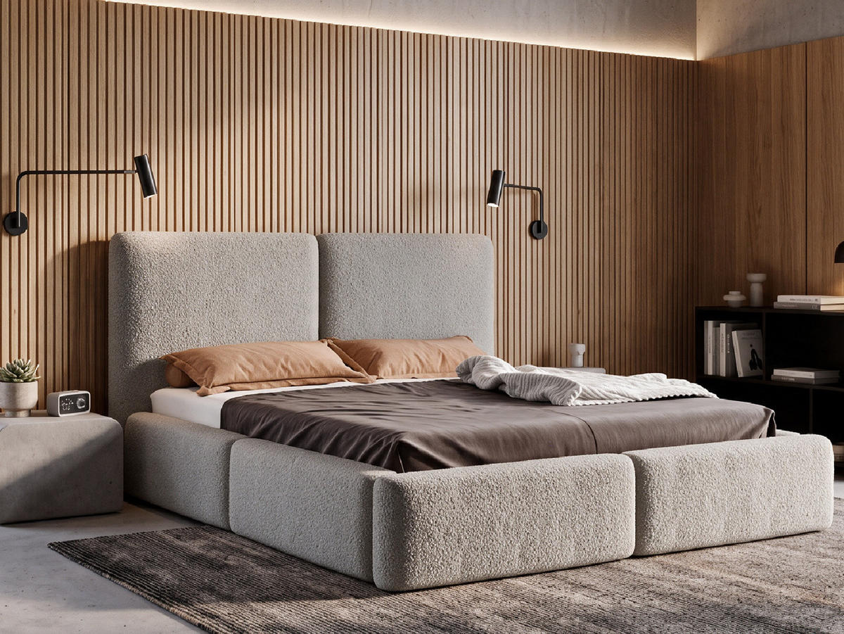 POLSTERBETT LIVIA 160x200 cm mit Bettkasten, Stauraum und Metall-Lattenrost – Bouclé Stoff Hellgrau - Hellgrau/Schwarz, Textil/Metall (160/200cm) - Luxkor24