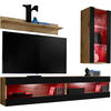 WOHNWAND 4-er Set, TIVOLI SET5 mit mehrfarbige LED RGB Beleuchtung Wotan + Schwarz, Offener Raum - Eiche Wotan/Schwarz, Glas/Holzwerkstoff (240/195/35cm) - Komodee