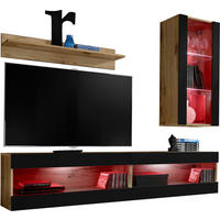 WOHNWAND 4-er Set, TIVOLI SET5 mit mehrfarbige LED RGB Beleuchtung Wotan + Schwarz, Offener Raum - Eiche Wotan/Schwarz, Glas/Holzwerkstoff (240/195/35cm) - Komodee