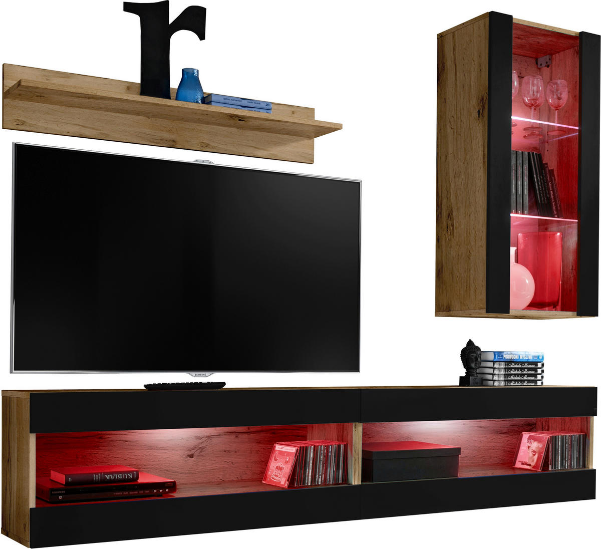 WOHNWAND 4-er Set, TIVOLI SET5 mit mehrfarbige LED RGB Beleuchtung Wotan + Schwarz, Offener Raum - Eiche Wotan/Schwarz, Glas/Holzwerkstoff (240/195/35cm) - Komodee