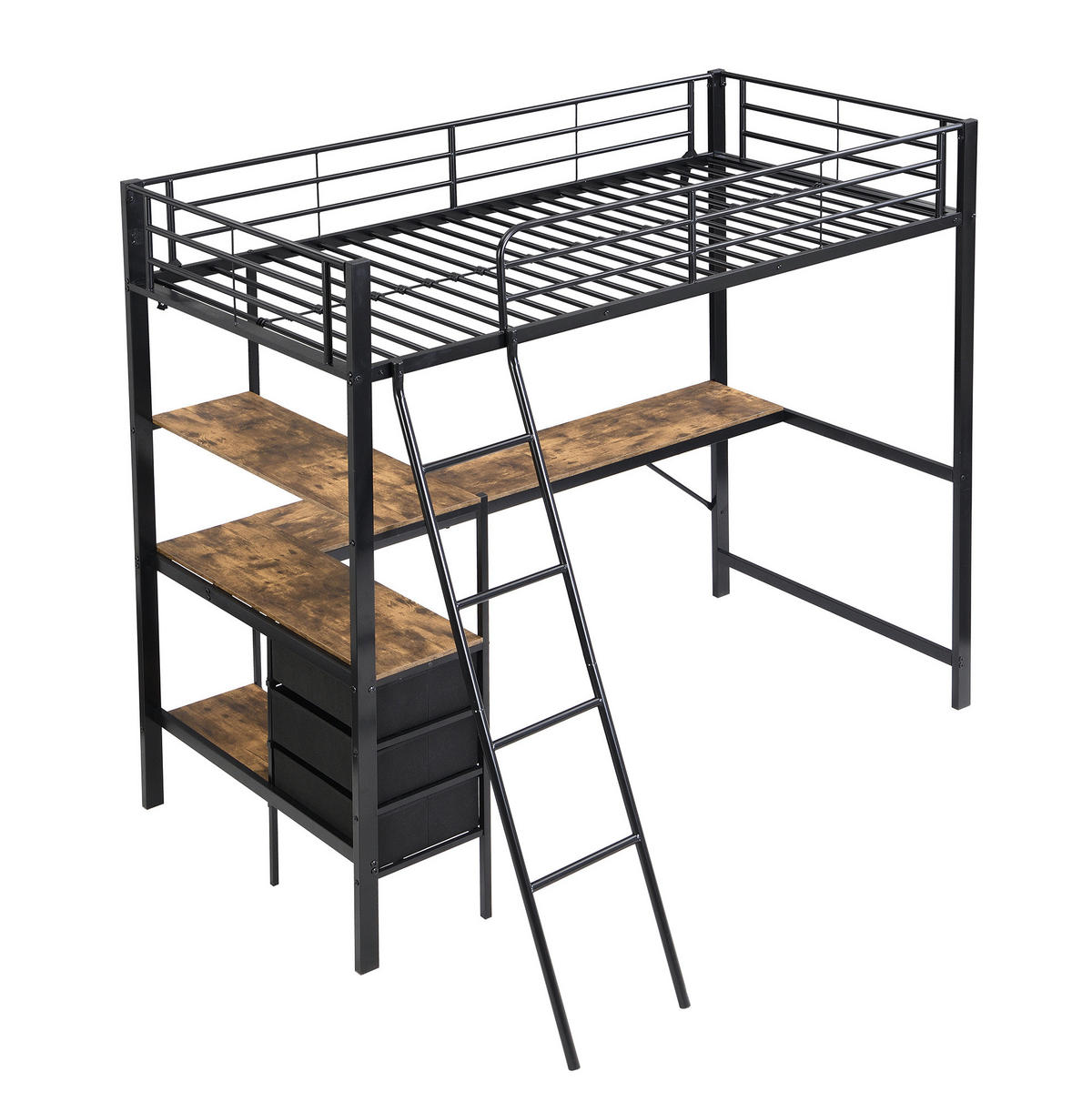 HOCHBETT 90/200 cm mit 2-m-Schreibtisch, 3 Schubladen und schräger Leiter, Schwarz/Dunkle Walnuss - Schwarz, Metall (90/200cm) - Redom