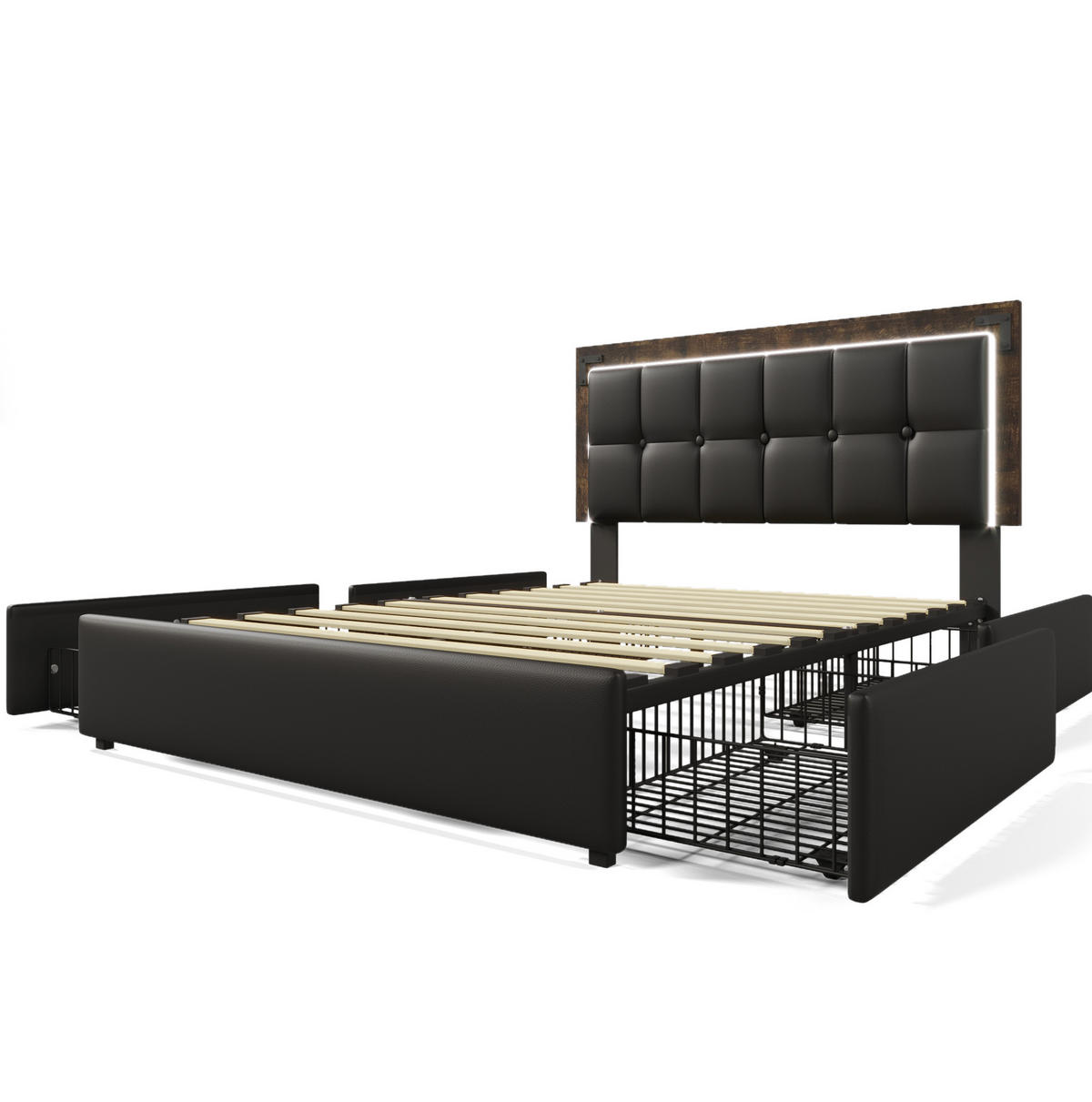 POLSTERBETT mit LED-Beleuchtung 140/200 cm mit 4 Schubladen & verstellbarem Kopfteil - Schwarz, Kunststoff (140/200cm) - BEAOK