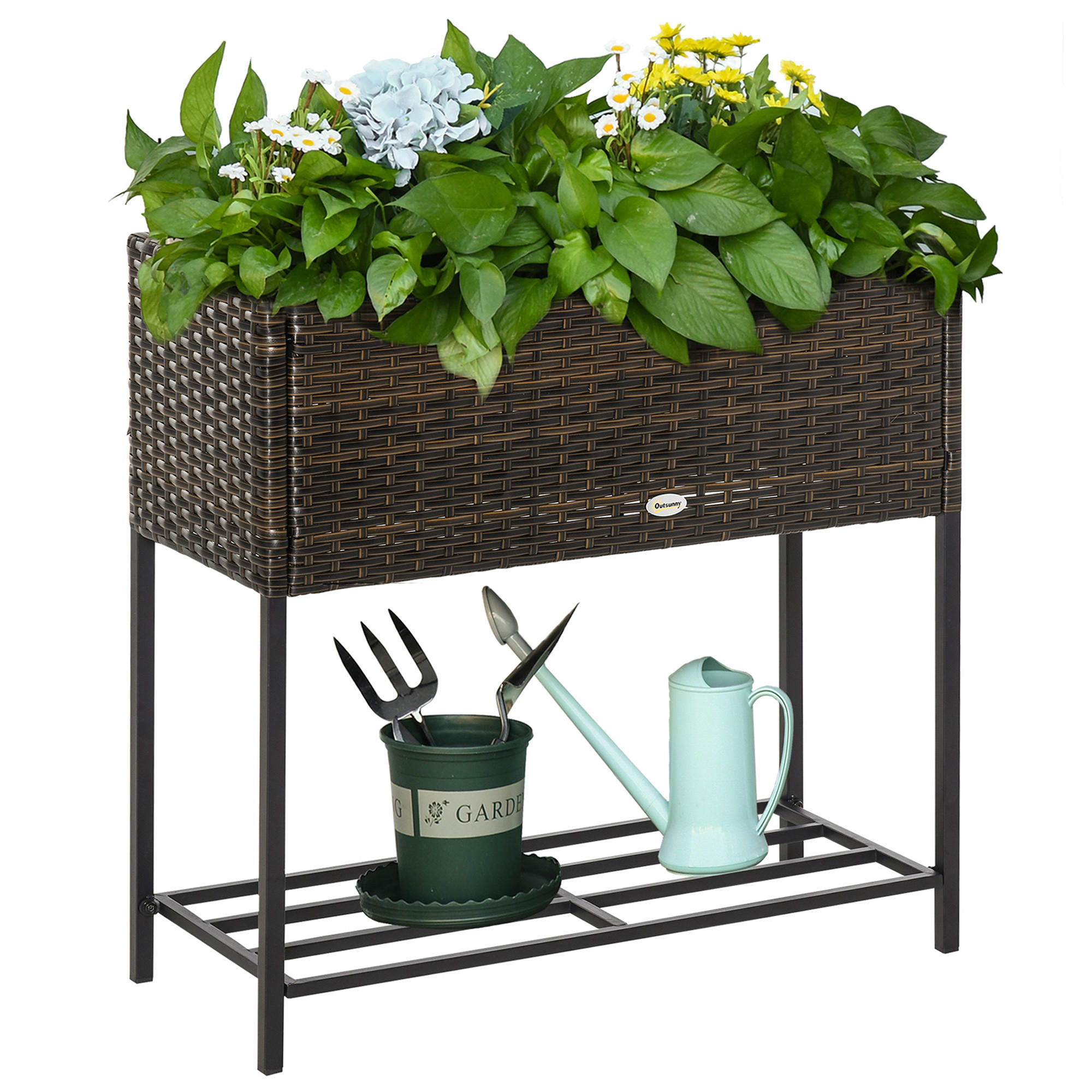 POLY Rattan Hochbeet mit Füßen Rattan Ablage Braun 70 x 30 x 70 cm - Braun, Metall (30/70/70cm) - Outsunny