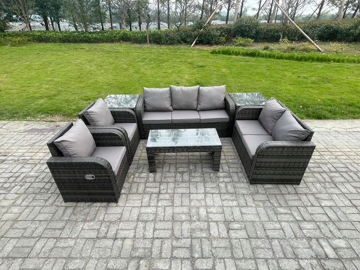 GARTENSOFA SET mit rechteckigem COUCHTISCH Polyrattan 7-Sitzer Dunkelgrau - Dunkelgrau/Grau, Glas/Kunststoff - Fimous