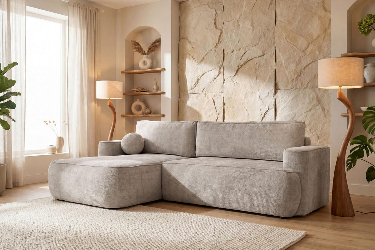 ECKSOFA Marion mit Schlaffunktion & Bettkasten in Chenille Taupe, Beige-Grau, Links 267/154/83 cm - Taupe/Schwarz, Kunststoff/Textil (267/154cm) - WFL GROUP