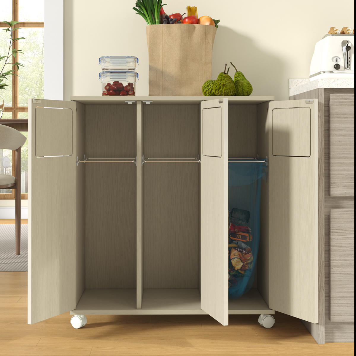 MÜLLSCHRANK DE-38851 69,3/35/80 cm 3 Fächer und Rollen Creme - Creme, Holzwerkstoff (69.3/80/35cm) - ComfortXL