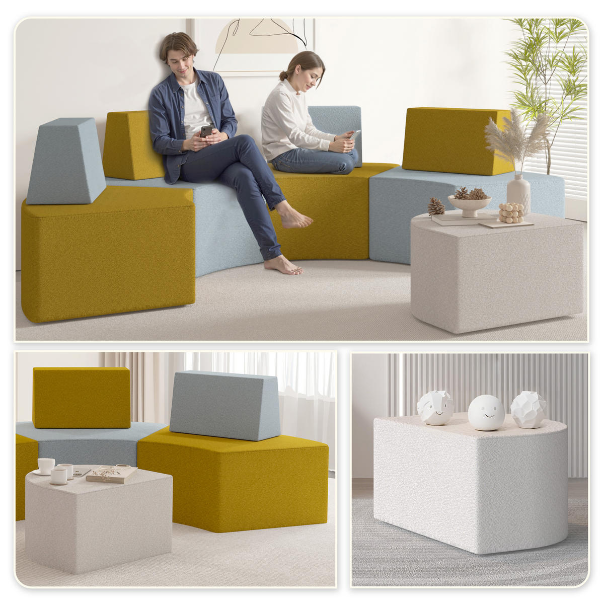 SOFA Geschwungenes kombinierbar zweifarbig - Gelb/Hellblau, Textil (96/40/70cm) - Vercart
