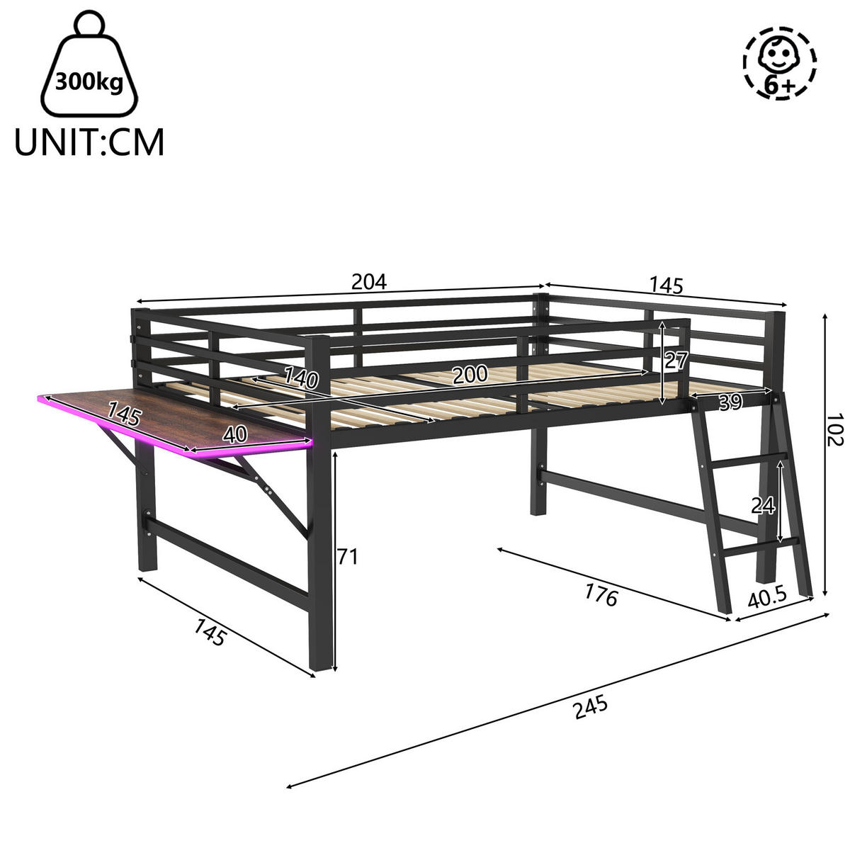 HOCHBETT 140/200 cm Schwarz mit LED und Schreibtisch - Schwarz, Metall (140/200cm) - MIVRAY