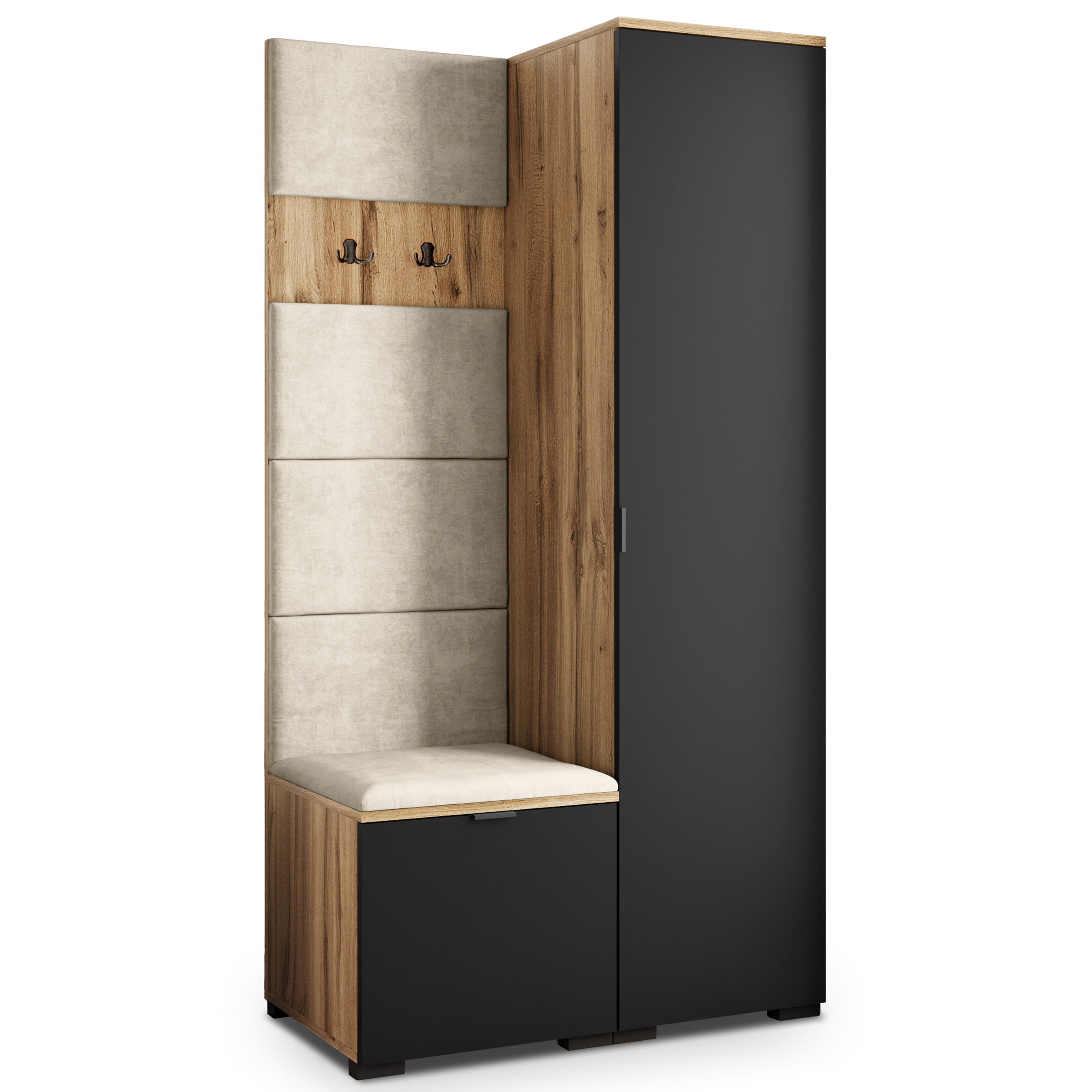 Masseno Garderobenschrank Eiche Wotan, Schwarz, Beige 95x181x51 cm