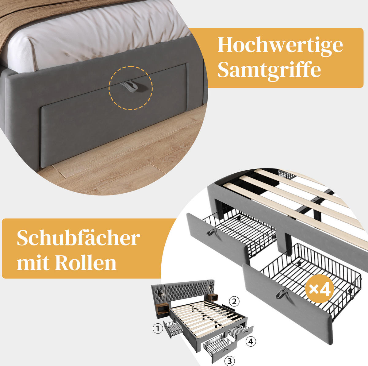 POLSTERBETT 180/200 cm Grau aus Samt mit Nachttischen - Grau, Textil (180/200cm) - OKMYHOME