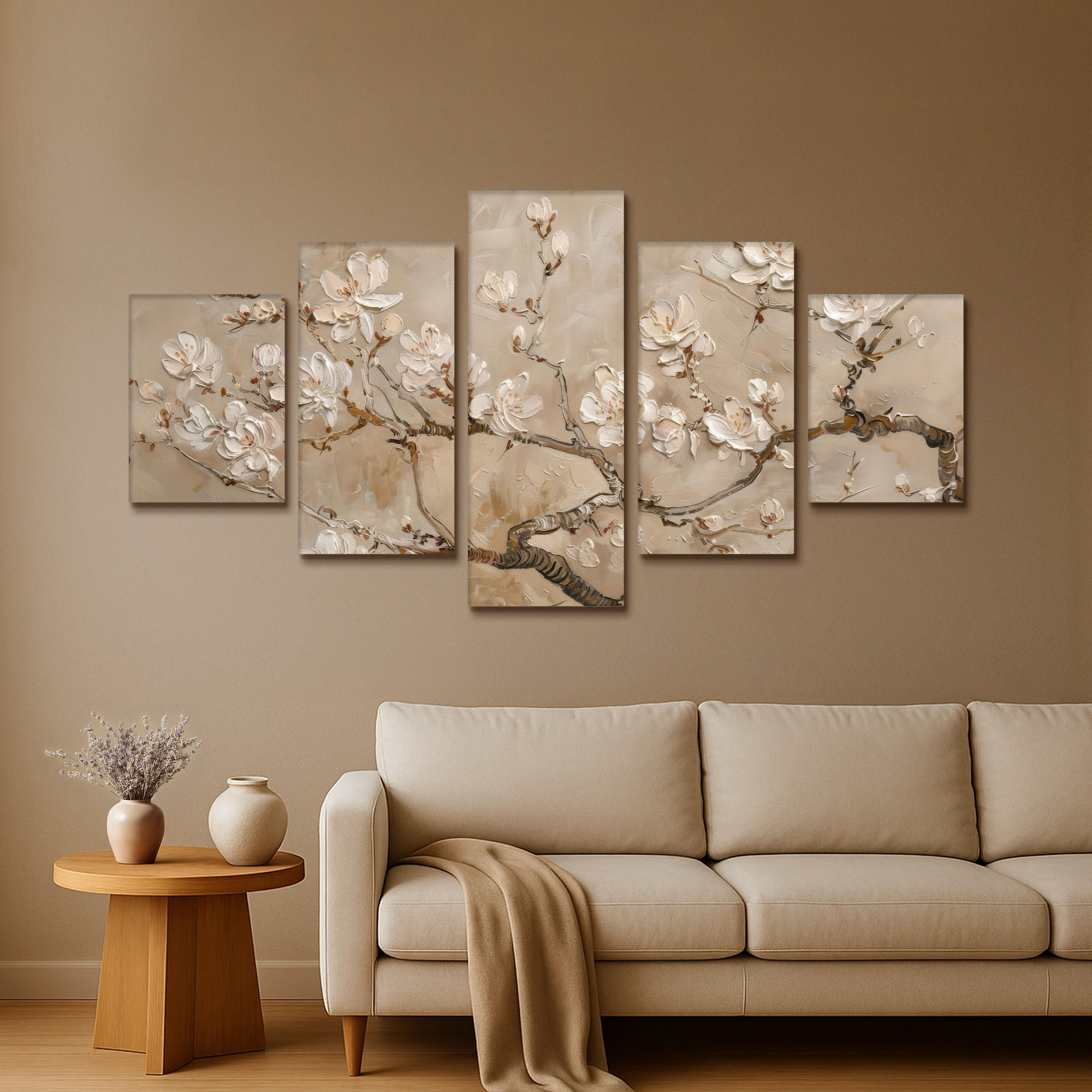 LEINWANDBILD 5er Set Beige - Blüte - Modern 150x80 cm - Greige, Textil (150/80cm) - MuchoWow