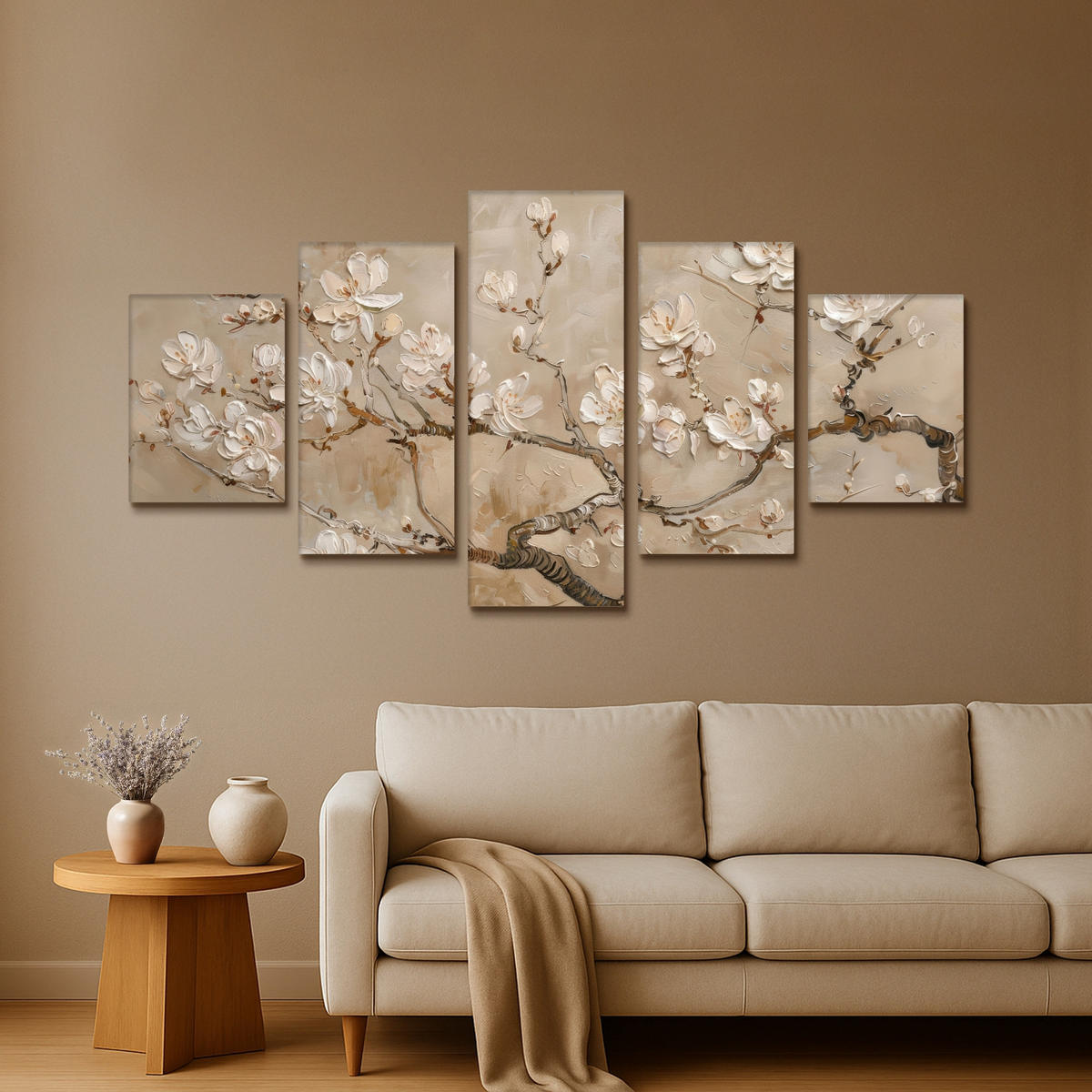 LEINWANDBILD 5er Set Beige - Blüte - Modern 150x80 cm - Greige, Textil (150/80cm) - MuchoWow