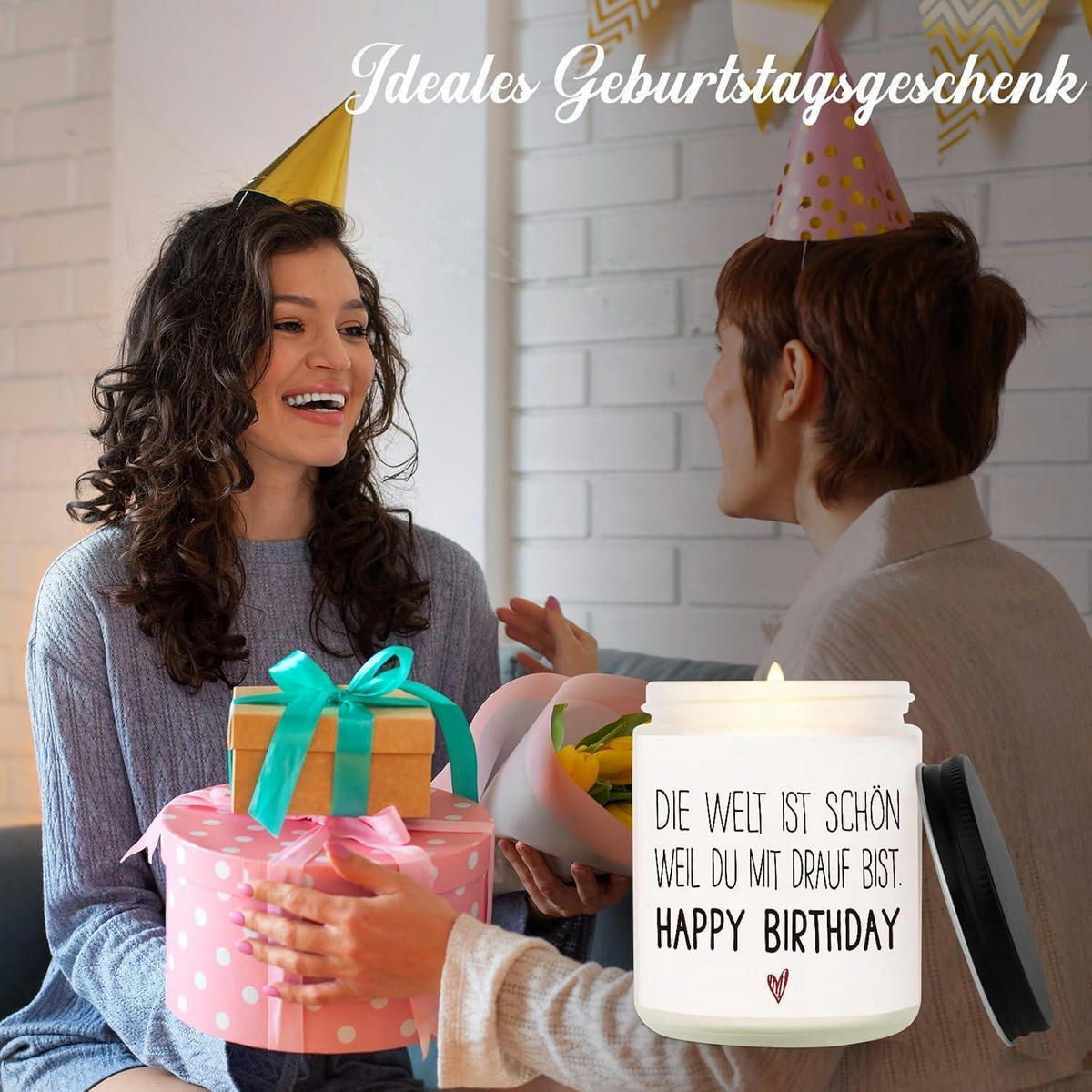 DUFTKERZE Happy Birthday Sojawachs 35 Stunden Brenndauer - Weiß, Paraffin (9cm)