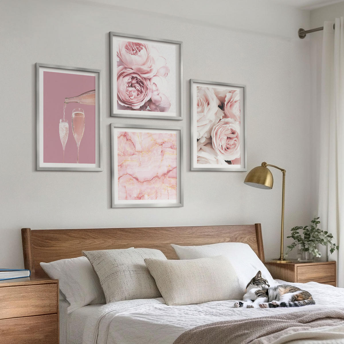 WANDBILDER 4er Set - 50x50 cm & 40x60 cm Silberner Rahmen - Rosen, Champagner, Marmor, Pastell - Silberfarben, Kunststoff (50/50cm) - ArtPrintCave
