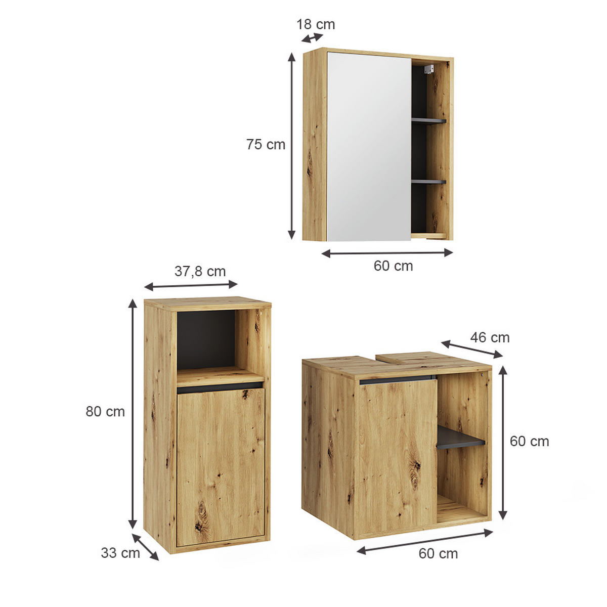 SADA KOUPELNOVÉHO NÁBYTKU Viola Artisan/šedá - šedá/světle šedá, kompozitní dřevo (60/60/45.5cm) - Vicco