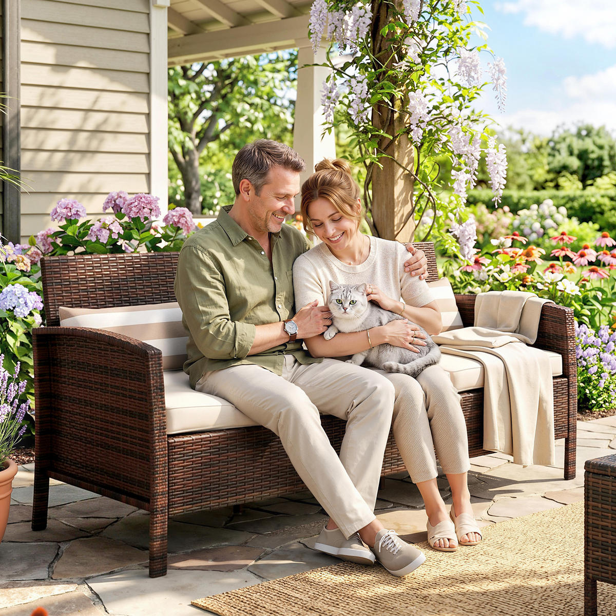 RATTAN Sofa mit Kissen, Dreisitzer, Garten Loungesofa, Stahl, Braun - Braun, Metall (68/78/173cm) - Outsunny