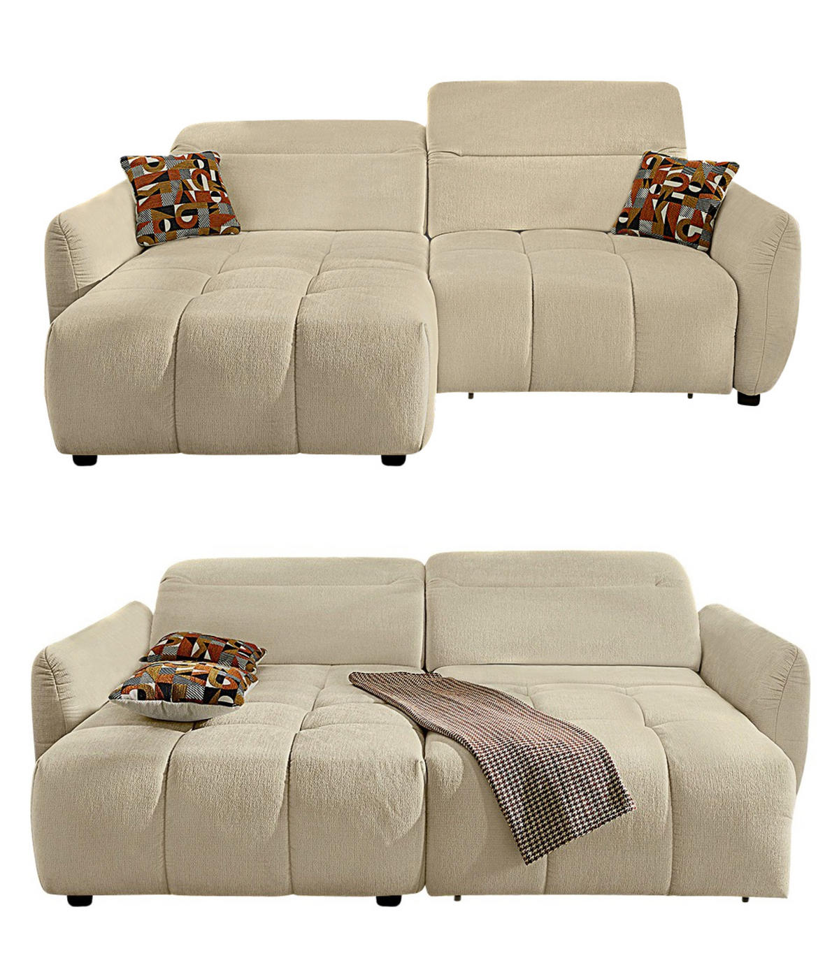 ECKSOFA mit elektrische Sitztiefenverstellung, Kopflehnen verstellbar, USB-C und -A Ladefunktion B260/T191/H106 cm, Flachgewebe Beige / 15405 - Beige/Multicolor, Kunststoff/Textil (260/191cm) - luma-home