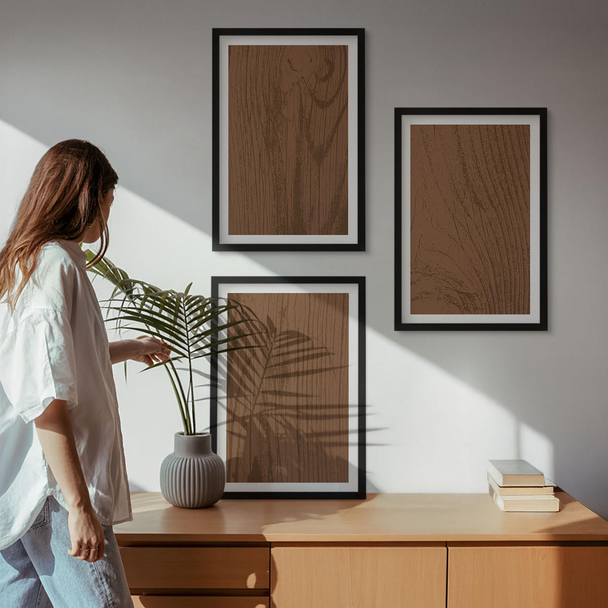 BILDER SET 3er Set - 40x60 cm Schwarzer Rahmen - Holzstruktur, Rinde, Minimalismus - Schwarz, Kunststoff (40/60cm) - TULUP
