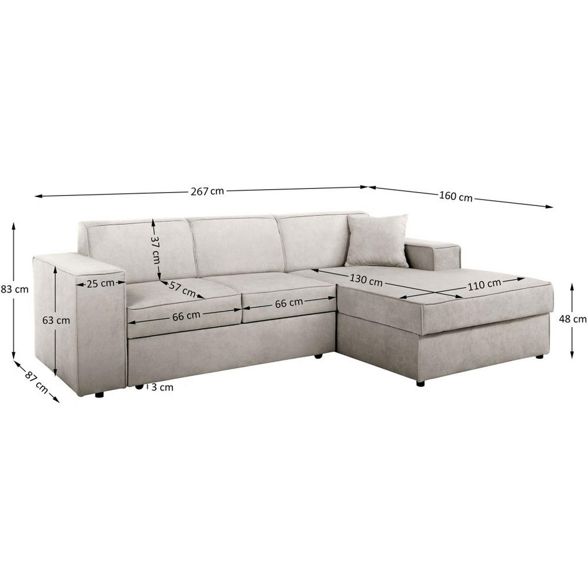 ECKSCHLAFSOFA mit Schlaffunktion Pedro L hellgrau rechts - Hellgrau/Schwarz, Kunststoff/Textil (267/160cm) - Beautysofa