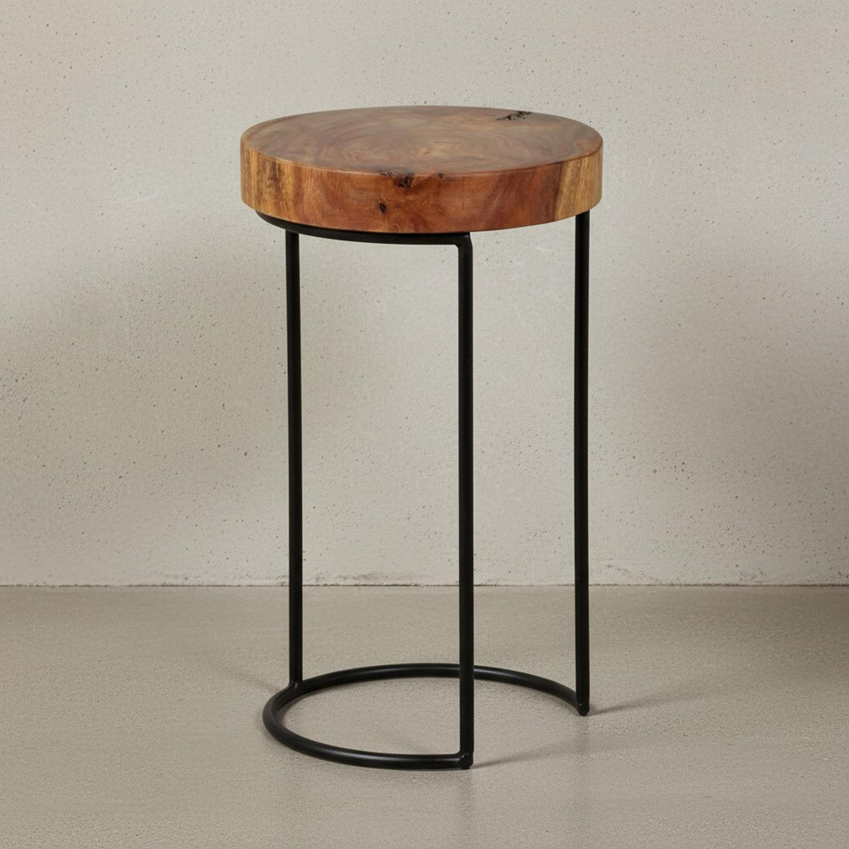 BEISTELLTISCH Massivholz Metallgestell Baumstammplatte Landhausstil INDI, Braun 28x28x45 cm - Schwarz/Braun, Holz/Metall (28/28/45cm) - KADIMA DESIGN
