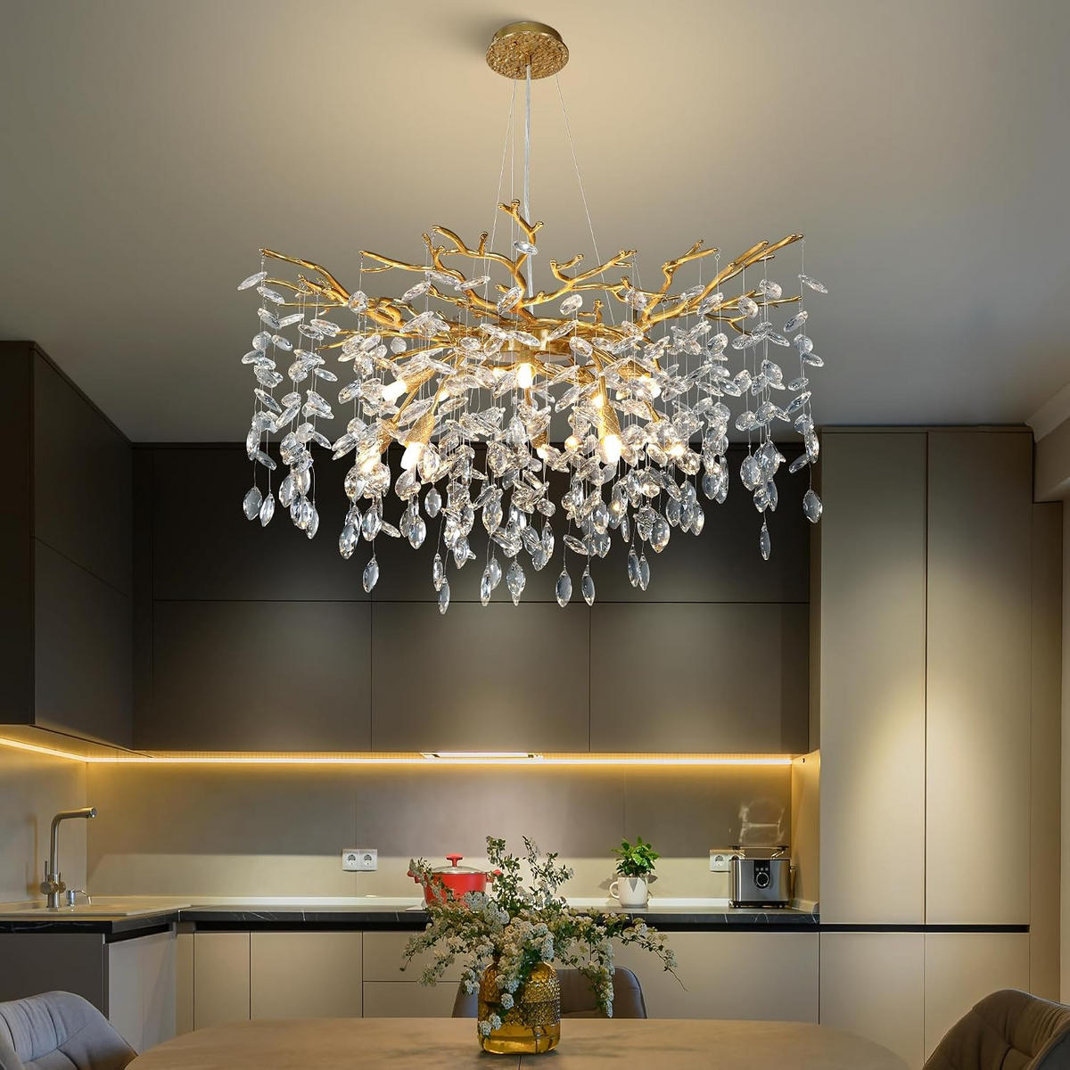 KRONLEUCHTER 76 cm K9‑Kristall Baumzweig Gold für Wohnzimmer und Schlafzimmer - Gelb, Naturmaterialien (74/39/29.5cm) - Surtime