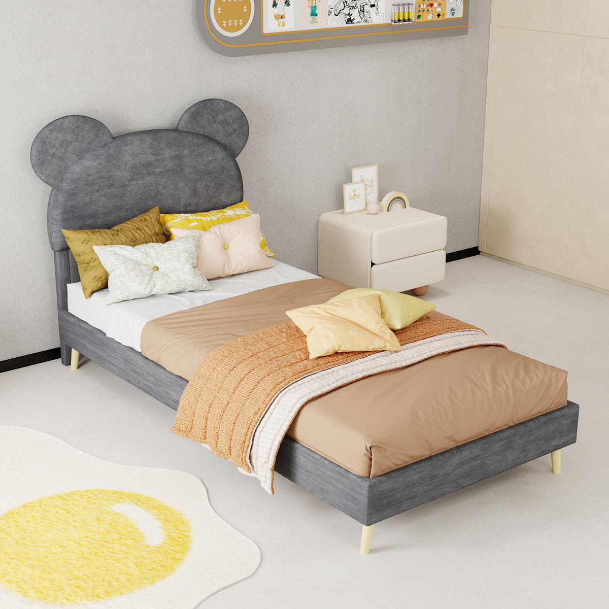 KINDERBETT 90/200 cm in Grau mit Bettkasten Stoff im Cartoon-Design - Naturfarben/Grau, Holzwerkstoff/Textil (90/200cm) - STILVORA