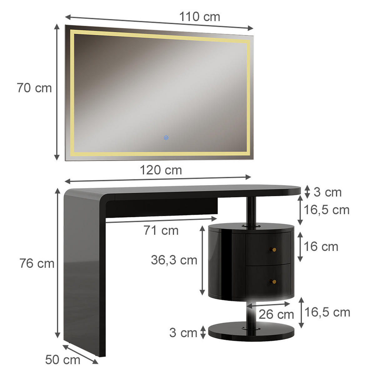 SCHMINKTISCH Lara Schwarz Hochglanz 120 cm mit LED-Spiegel - Schwarz Hochglanz, Holzwerkstoff (120/76/50cm) - Vicco