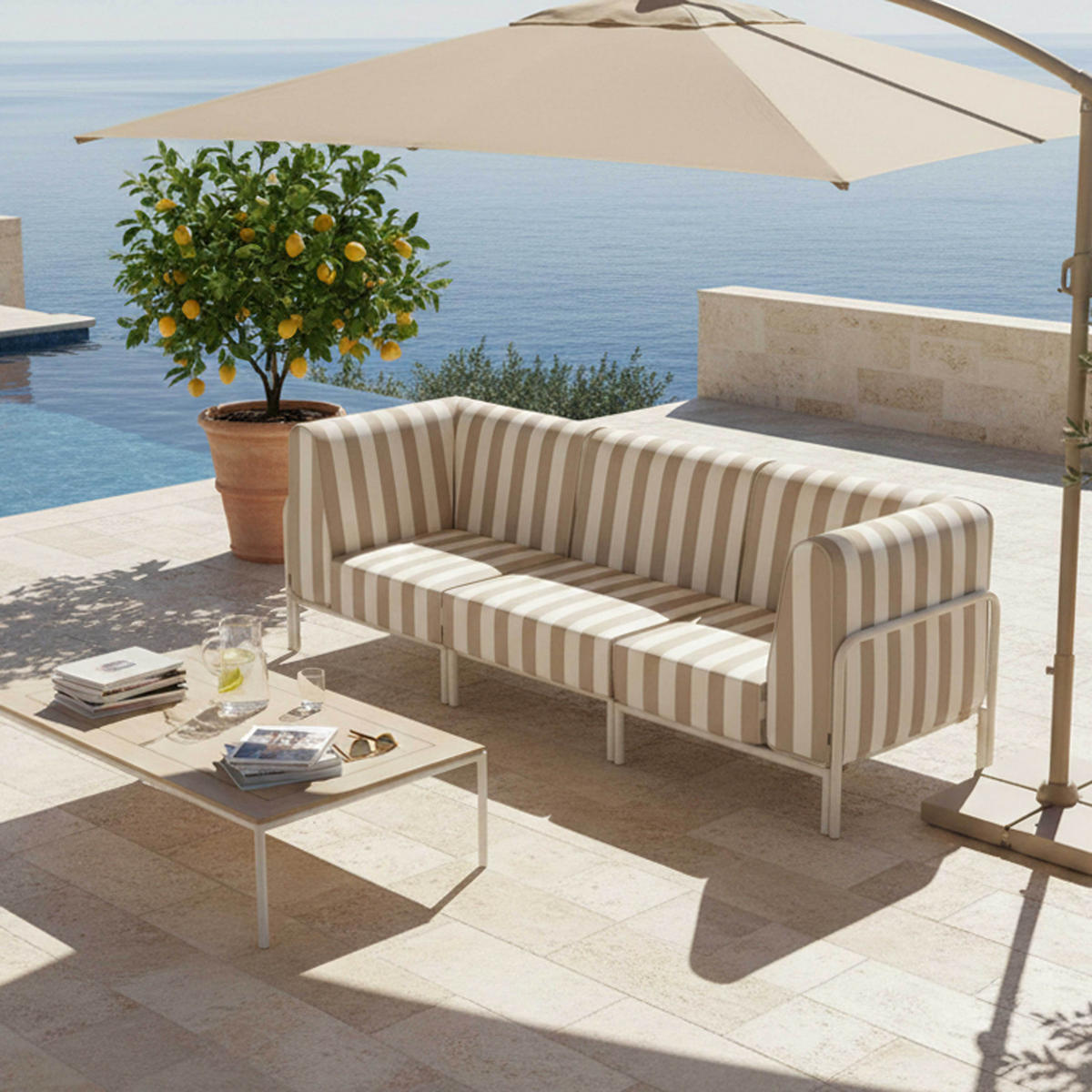 GARTENSOFA mit 3 Sitzplätzen, Beige - Beige, Metall - Oviala