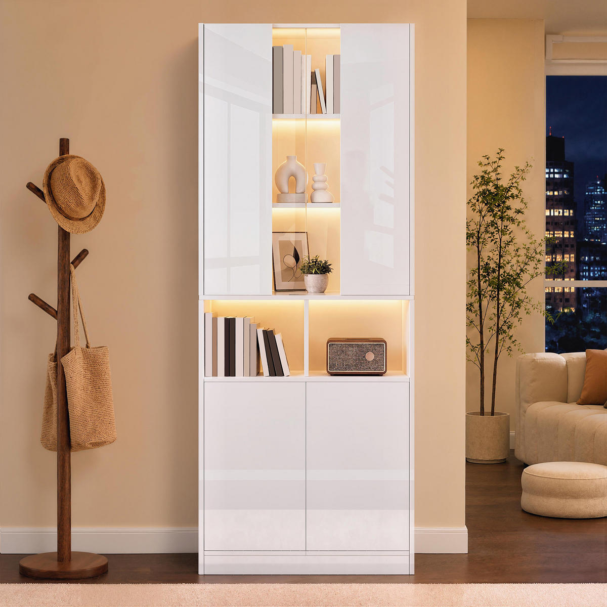 HOCHSCHRANK mit Acrylglas, LED und 2 Türen - Weiß, Holzwerkstoff (70/180/35cm) - FLIEKS