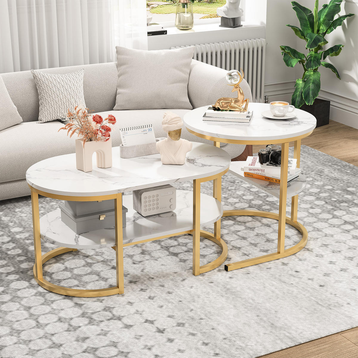 COUCHTISCH-SET DE-37267 2-in-1 Nesting mit Marmoroptik Gold - Weiß, Metall (100/46/41cm) - ComfortXL