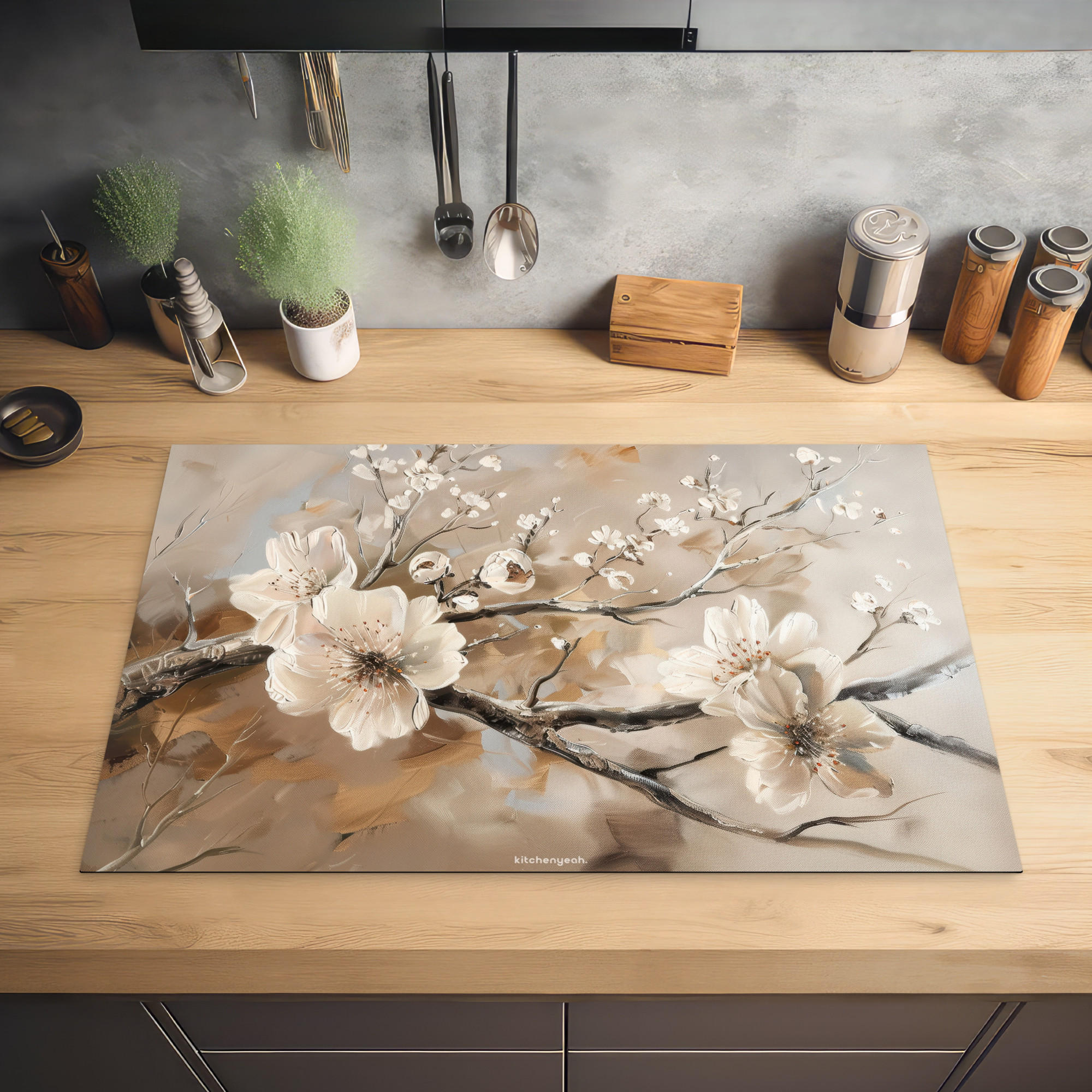 HERDABDECKPLATTE Blumen - Abstrakt - Gemalt - Beige 81x52 cm - Kaschmir, Kunststoff (81.2/0.2/52cm) - MuchoWow