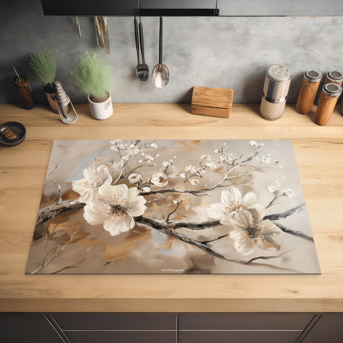 HERDABDECKPLATTE Blumen - Abstrakt - Gemalt - Beige 81x52 cm - Kaschmir, Kunststoff (81.2/0.2/52cm) - MuchoWow