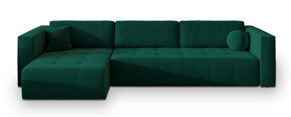 ECKSOFA OLVERA Grün Plüsch-Stoff mit Schlaffunktion - Grün, Holz (347/148cm) - MASSENO
