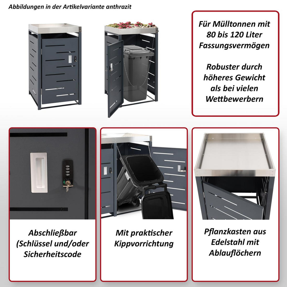 1ER-MÜLLTONNENVERKLEIDUNG H40B rechteckig Anthrazit - Anthrazit, Metall (60/110/62cm) - MCW