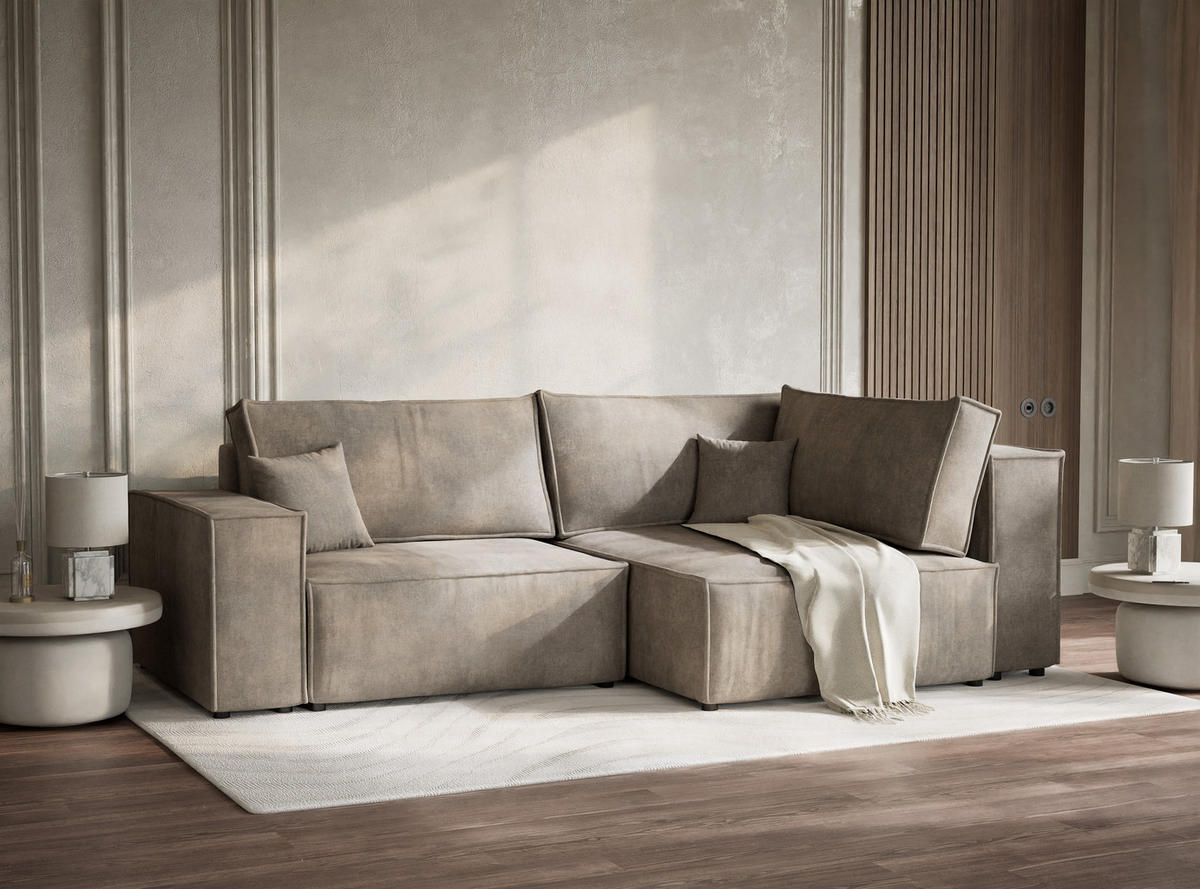 ECKSOFA MIT SCHLAFFUNKTION Tonga Braun Webstoff - Schwarz/Braun, Holz/Holzwerkstoff (255/105cm) - Maison de Reve