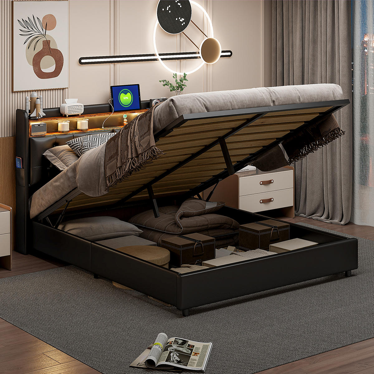 POLSTERBETT 160x200 cm LED USB Stauraum PU Leder schwarz - Schwarz, Holz (160/200cm) - LEBENLANG