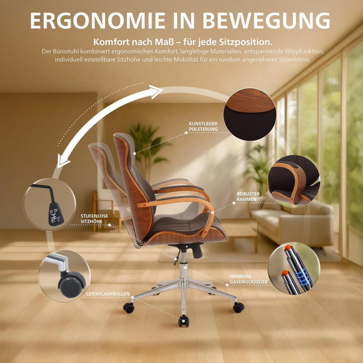 DREHSTUHL Lederlook Walnuss/Braun - Chromfarben/Walnussfarben, Textil/Metall (63/100/68cm) - CLP