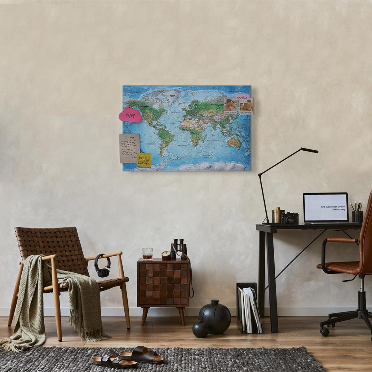 PINNWANDTAFEL 90/60 cm DEUTSCHE WELTKARTE zum Pinnen - Inklusive Pinnnadeln und Aufhängern - Dunkelblau, Holz (90/60cm) - artgeist
