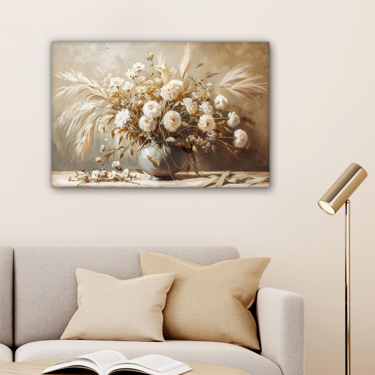 LEINWANDBILD Blumen - Vase - Stilleben - Beige Gemälde 60x40 cm - Creme, Textil (60/40cm) - MuchoWow