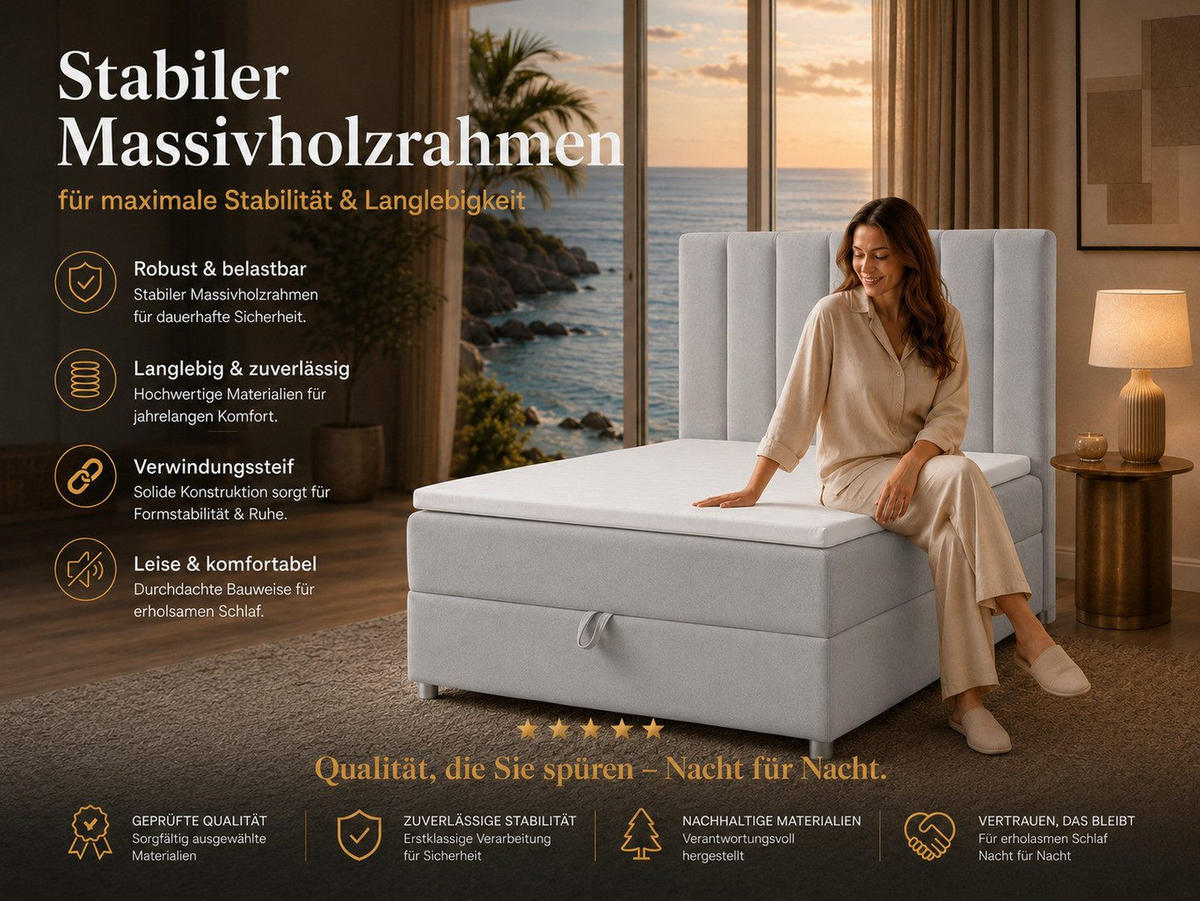 BOXBETT mit Bettkasten Trinity K-10 SINGLE Bonellfederkern inkl. Topper - Silberfarben, Holz/Holzwerkstoff (100/200cm) - Best For Home