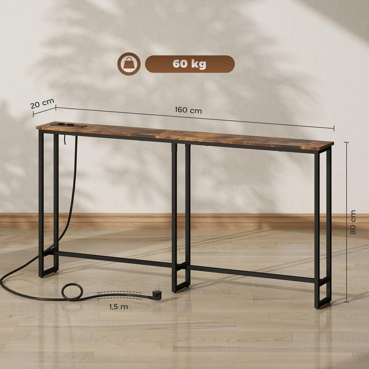 KONSOLENTISCH, Flurtisch mit Integrierte Ladestation, Stahlbeine Rustikal-Braun - Braun, Holzwerkstoff (160/20/80cm) - HOMCOM