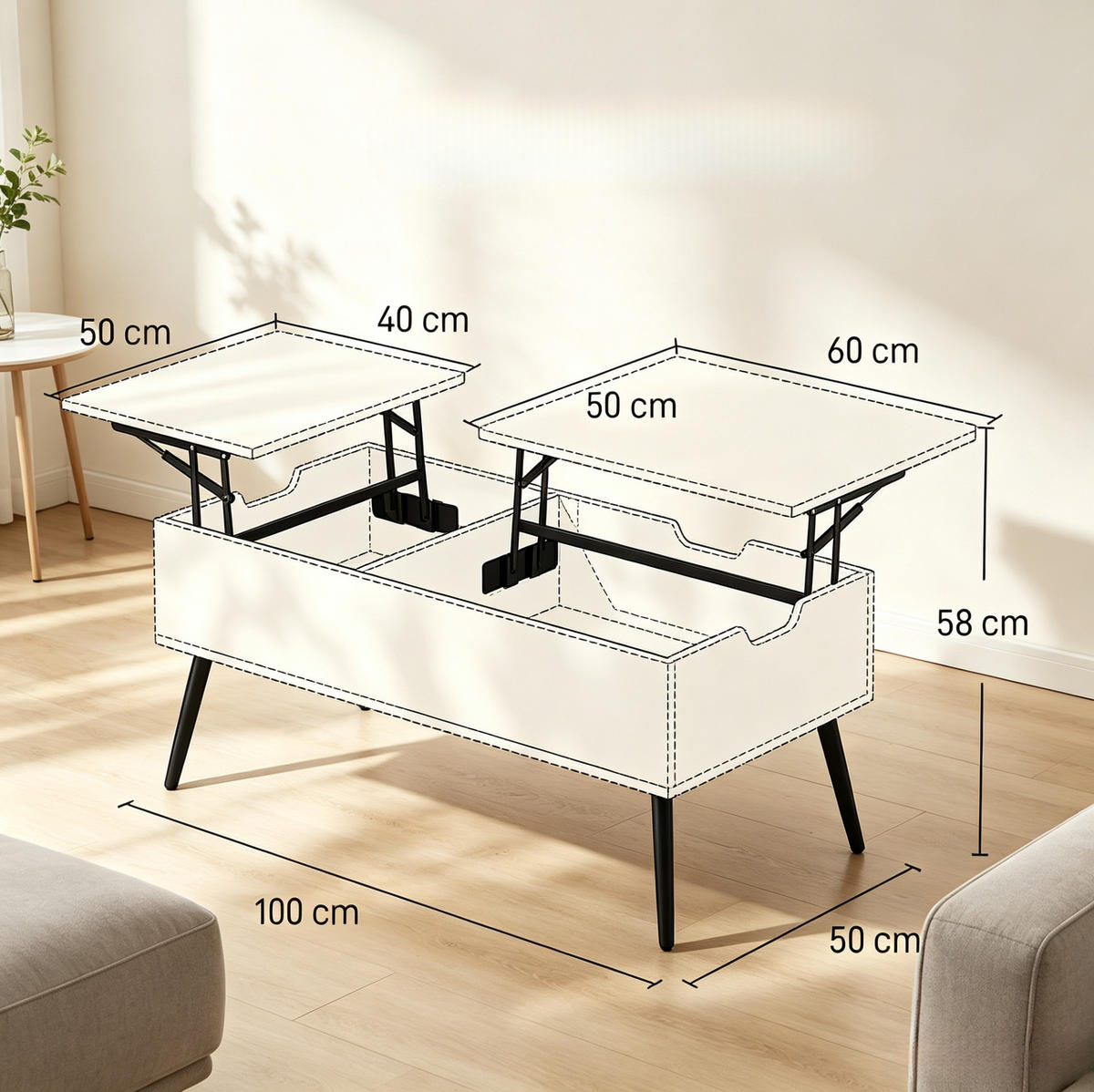 COUCHTISCH aus Spanplatte 100x50x43,6 cm Naturholz-Optik/Schwarz mit höhenverstellbarer Tischplatte - Schwarz, Metall (100/50/58cm) - IVMEU