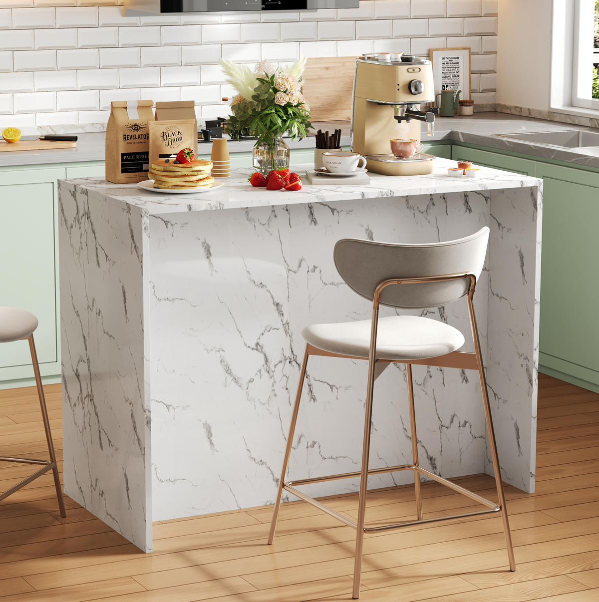 KÜCHENINSEL mit Barbereich 120 x 60 x 90,5 cm Weiß Marmoroptik - Weiß, Holz (60/90.5/120cm) - Beauniv