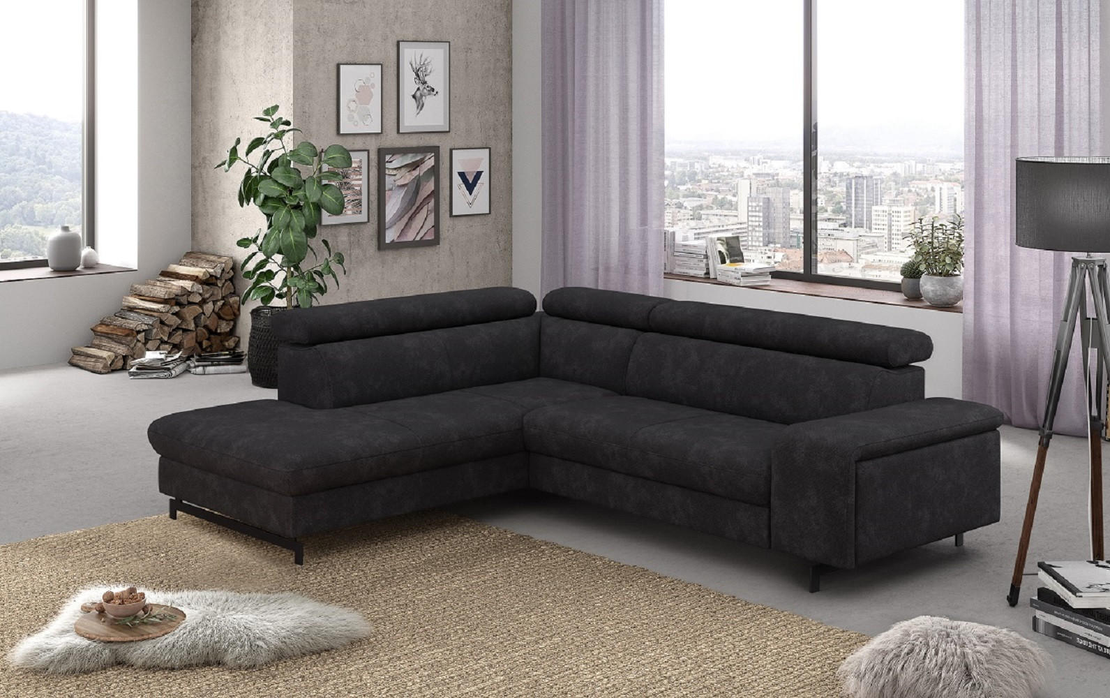 ECKSOFA mit Schlaffunktion und Bettkasten - Schwarz, Kunststoff/Textil (262/215cm) - Cotta