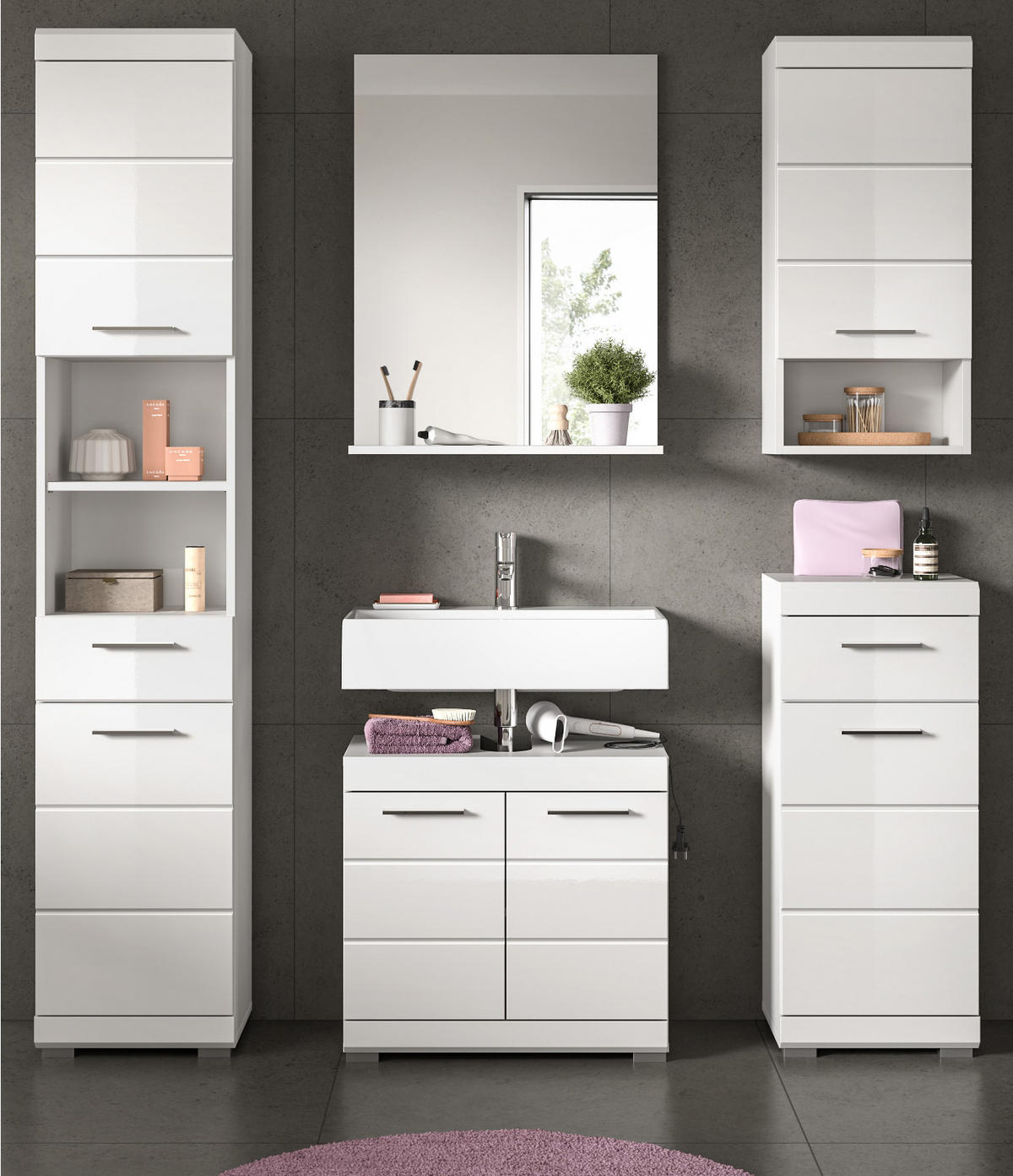 BADMÖBEL-SET weiß Hochglanz 5-teilig 164 cm, Komplettset mit viel Stauraum - Weiß Hochglanz, Glas/Holzwerkstoff (164/191/34cm) - Inn.Furn