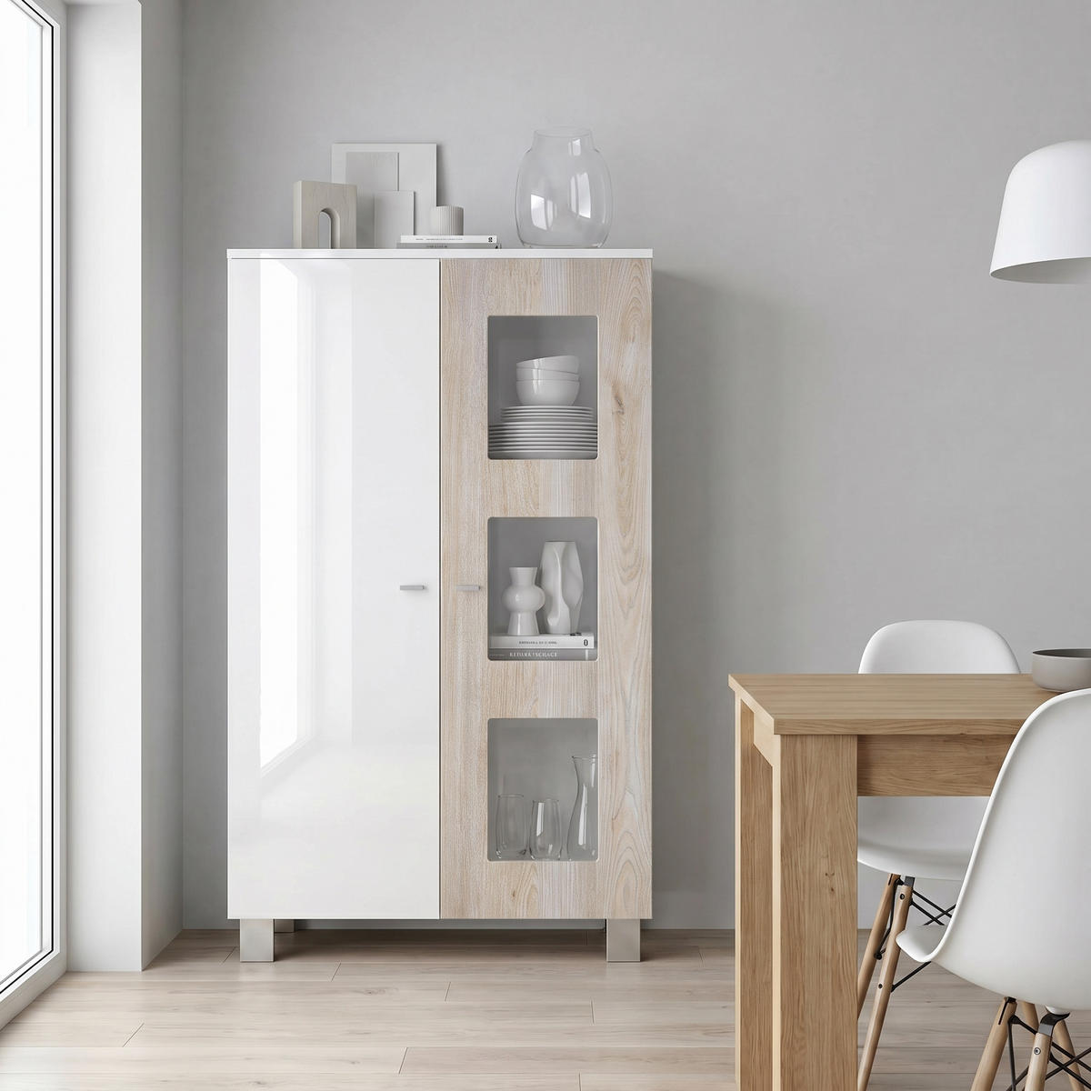 VITRINE Denjo Tür in Eiche Nordic - Silbereichenfarben, Holzwerkstoff (71/129/35cm) - Vladon