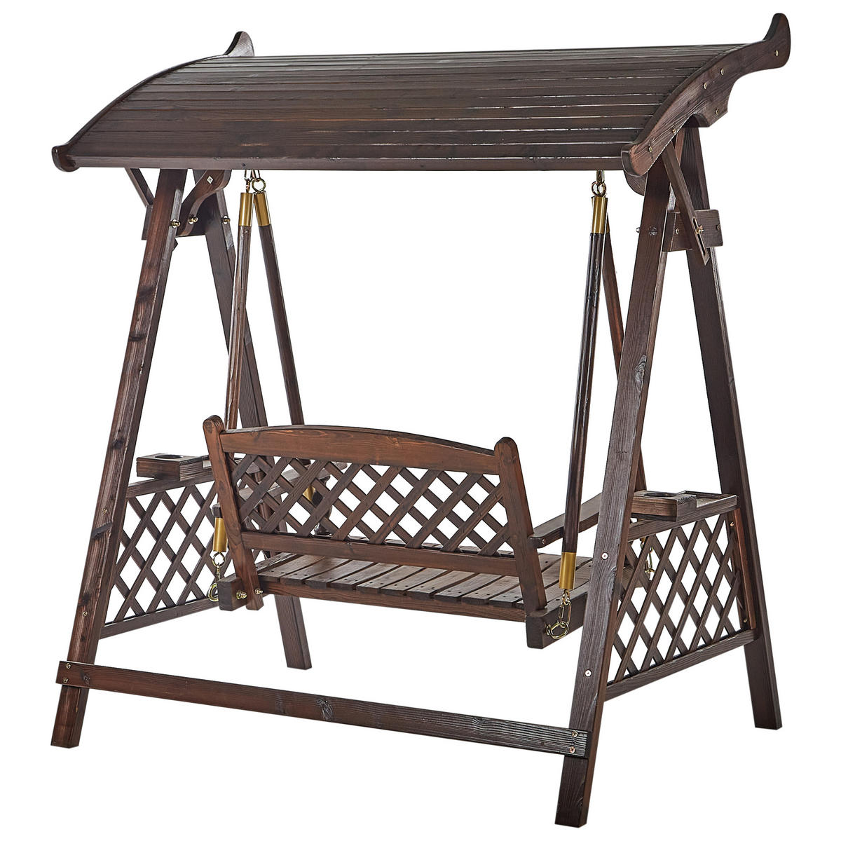 HOLLYWOODSCHAUKEL 2-Sitzer Dunkler Holzfarbton Senarica - Dunkelbraun/Goldfarben, Holz (170/177/118cm) - Beliani