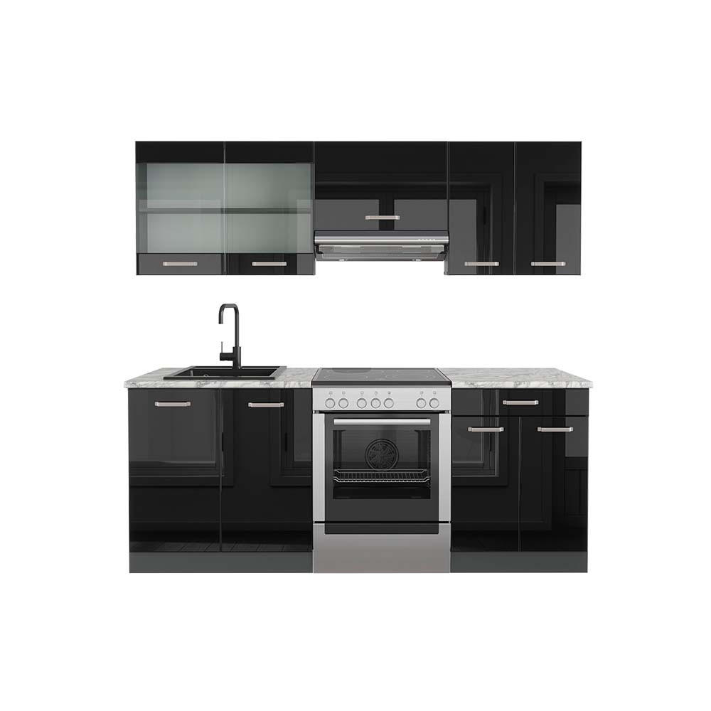 KÜCHENZEILE R-Line Schwarz Hochglanz/Anthrazit 200 cm, AP Marmor - Schwarz Hochglanz/Anthrazit, Holzwerkstoff (200/81.6/60cm) - Vicco